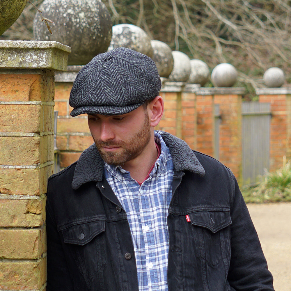 Black-Charcoal Heavyweight Donegal Tweed Herringbone Newsboy Cap - Image 6