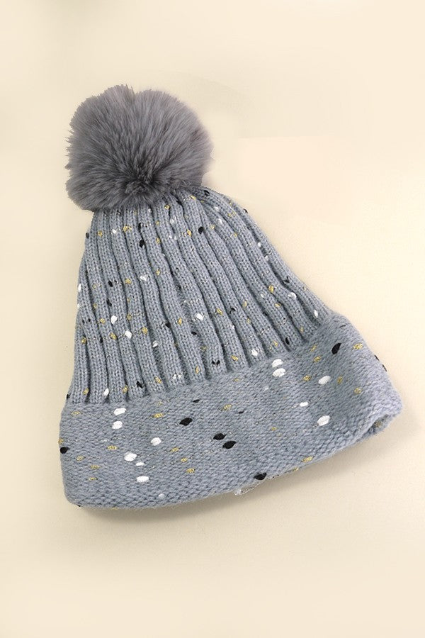 SEQUIN FAUX FUR POM POM BEANIE HAT - Image 2