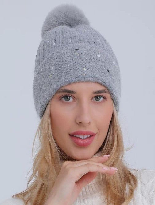 SEQUIN FAUX FUR POM POM BEANIE HAT - Image 7