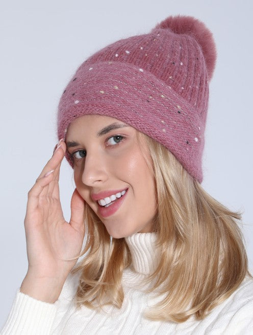 SEQUIN FAUX FUR POM POM BEANIE HAT - Image 8