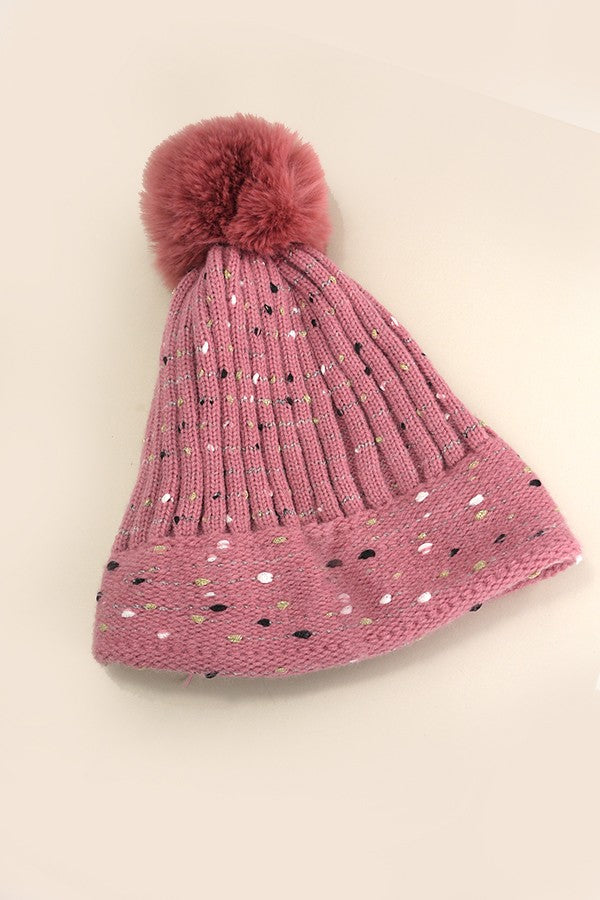 SEQUIN FAUX FUR POM POM BEANIE HAT - Image 4